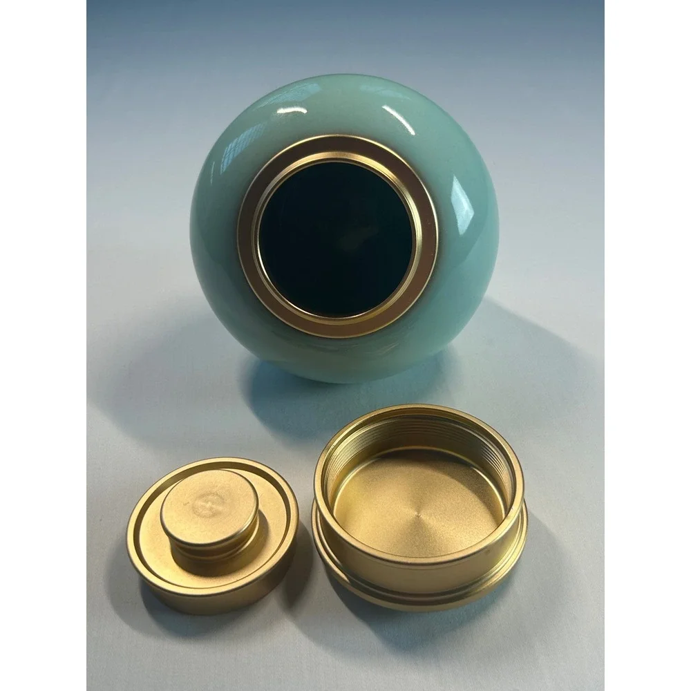 Porcelain Urn Jar Unisex OS Aqua Celadon Gold Trim Ginger Jar